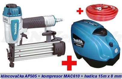 Pneumatická klincovačka Makita AF505 + Kompresor Makita MAC610 + vzduchová hadica